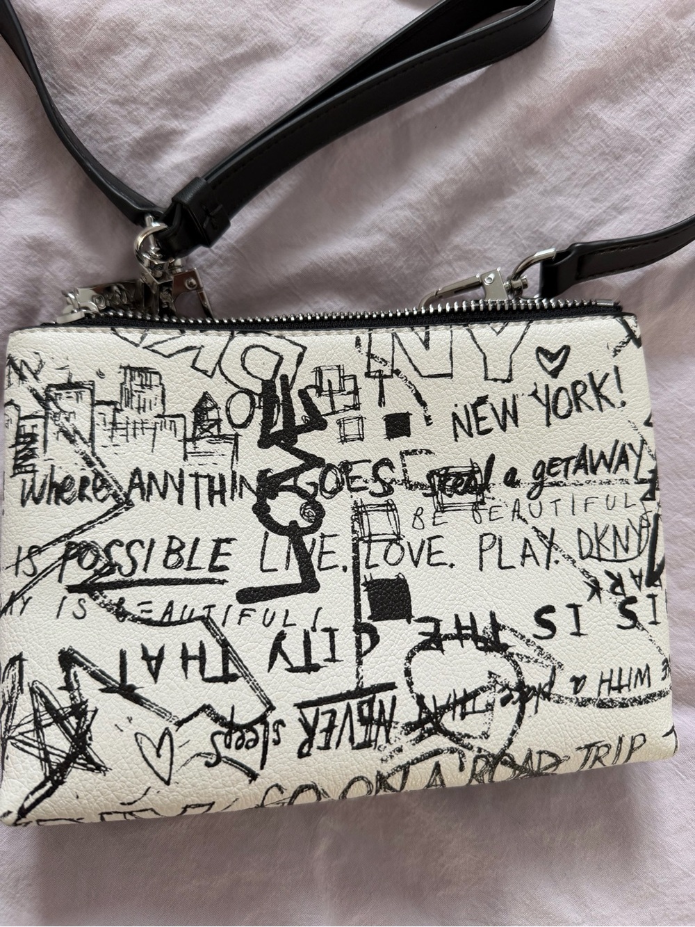 DKNY White & Black Graffiti-Print Crossbody Bag